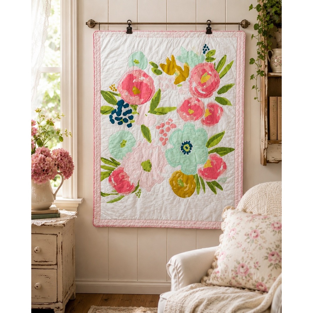 Cloud Island Floral Applique Baby Quilt Pink‎ Mint Green Nursery Blanket 32x40